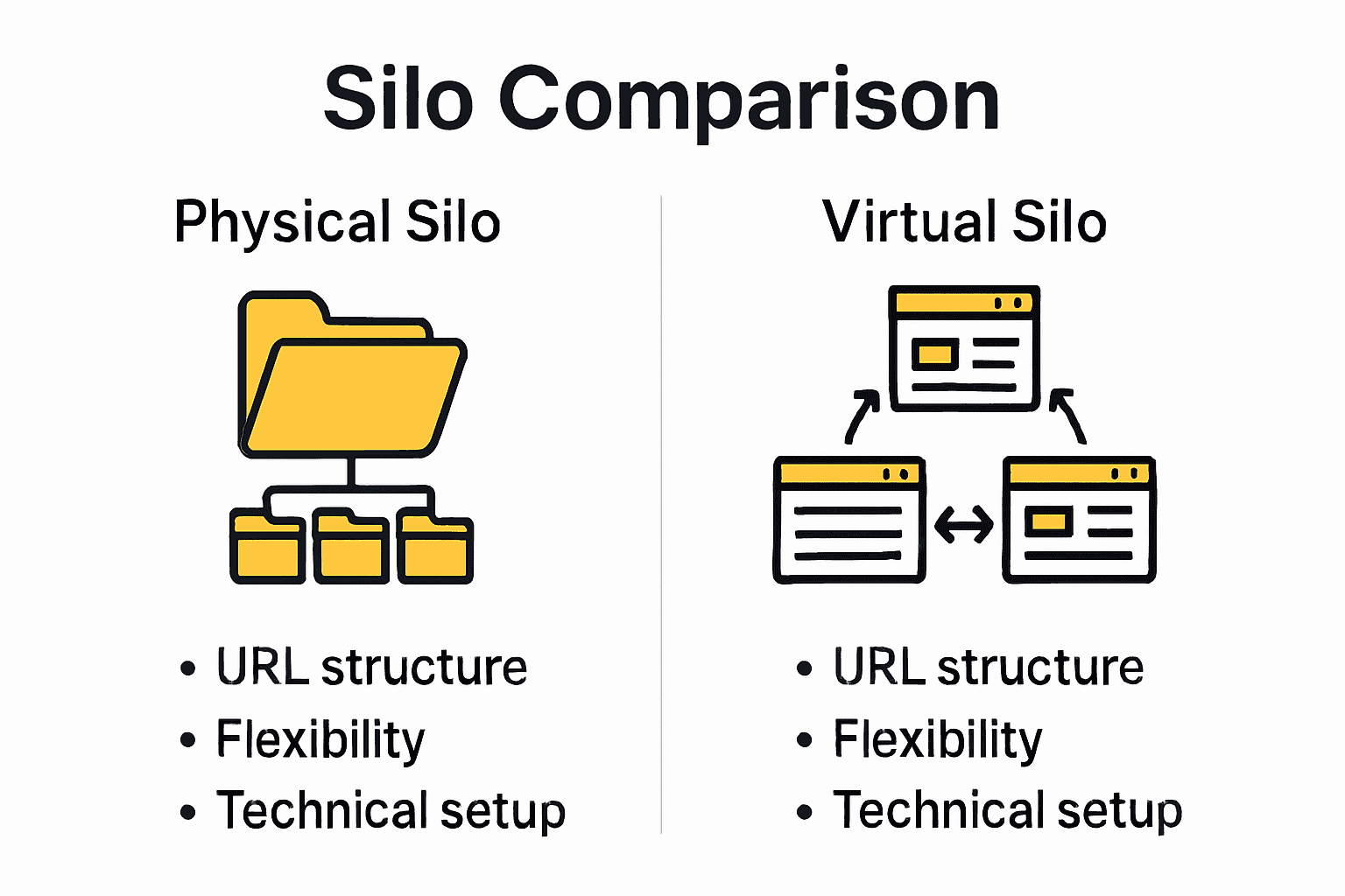 Infographic comparing physical and virtual SEO silos with icons and bullet points