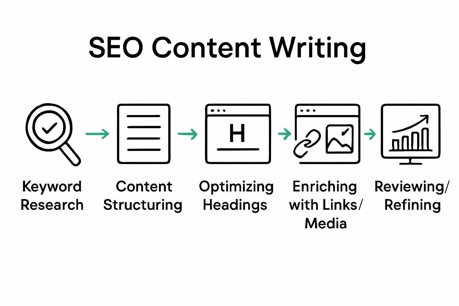 Infographic showing the five steps for creating SEO-friendly content, with icons for each stage.