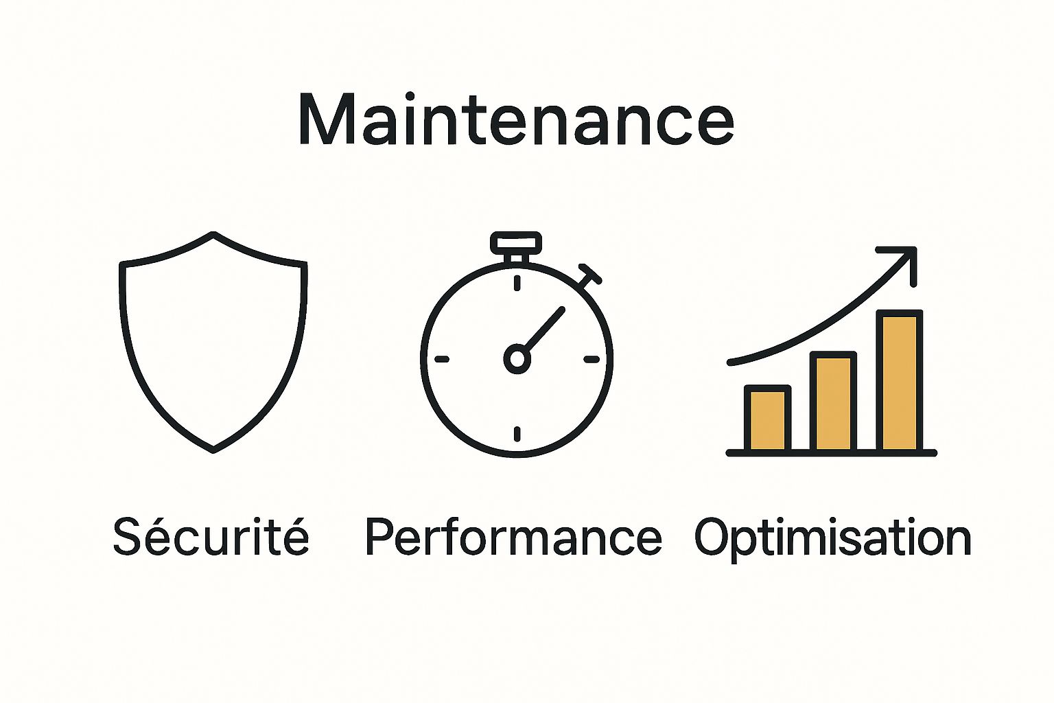 Trois icônes illustrant sécurité, performance et optimisation web