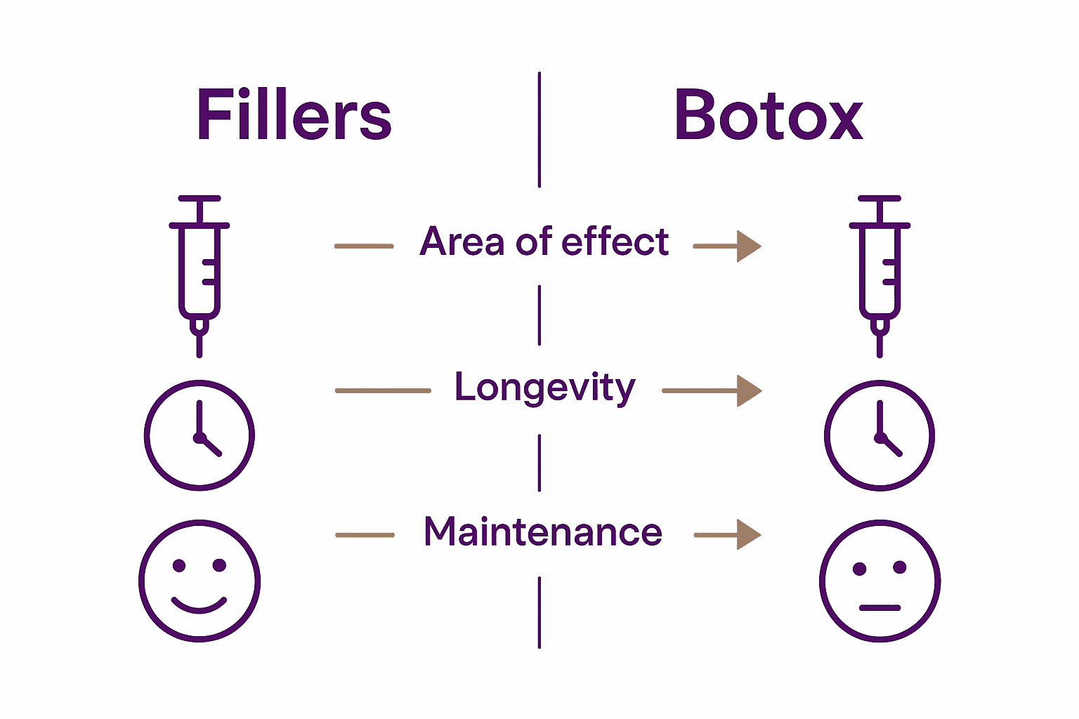 Infographic comparing fillers and Botox by use, duration, and effect.