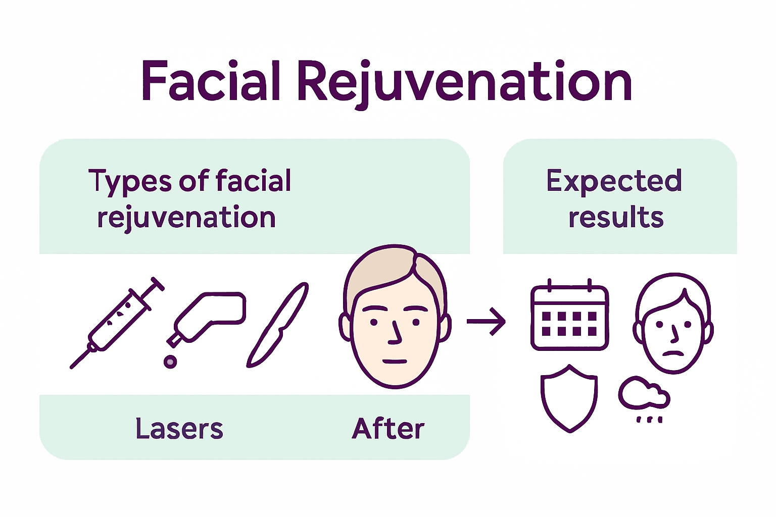Infographic comparing facial rejuvenation treatments, results, and safety.