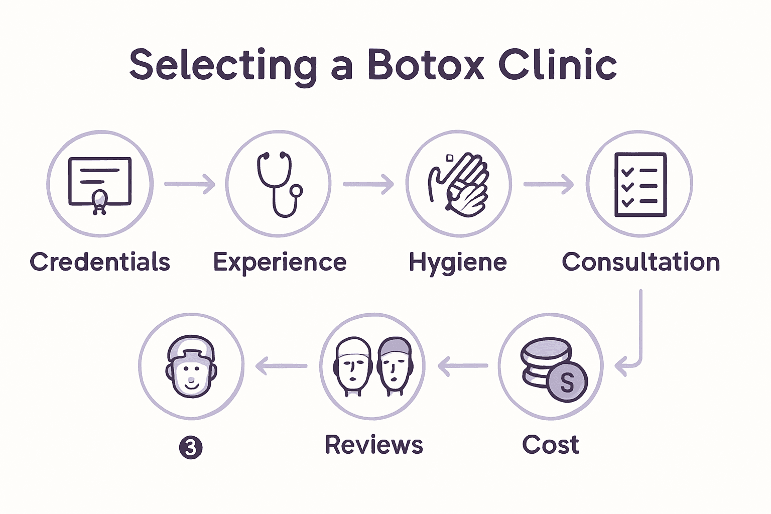 Infographic summarizing the 6 steps to choose a Botox clinic.