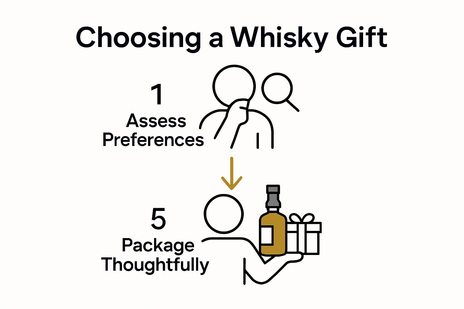 Infographic showing two steps: assess recipient's preferences and package whisky thoughtfully.