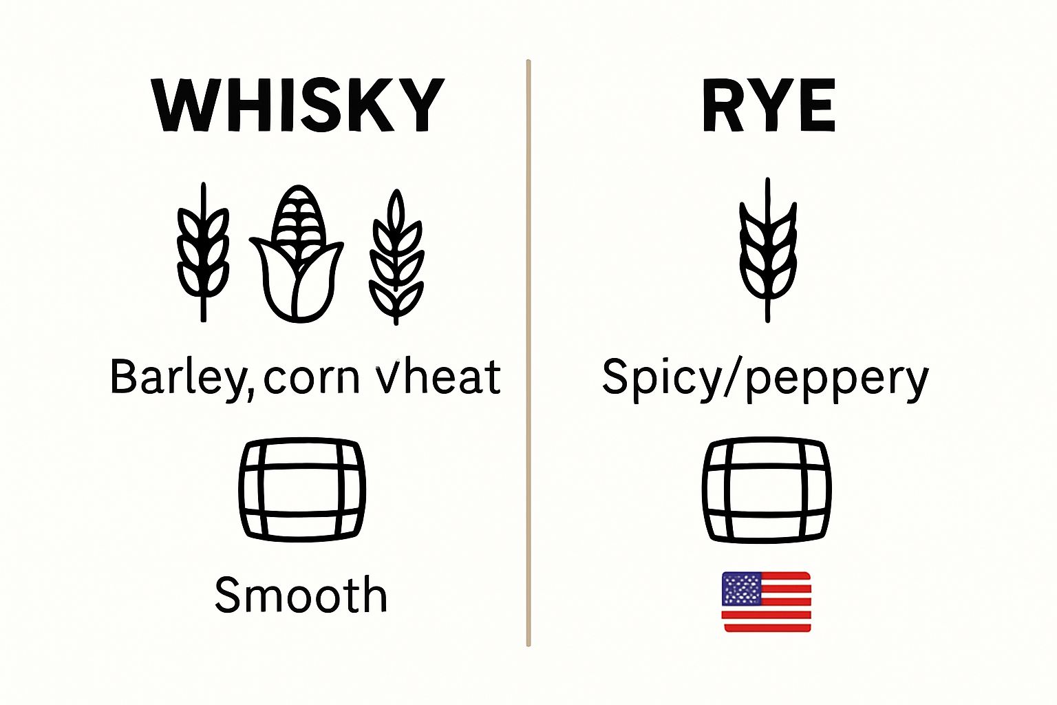 Visual comparison of whisky and rye: grains, flavours, aging
