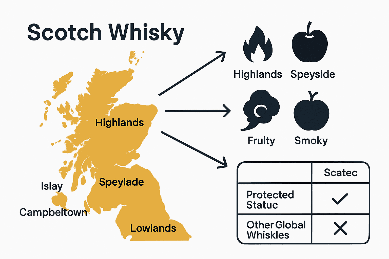 Infographic map showing Scotch whisky regions, flavor icons, and legal protection.