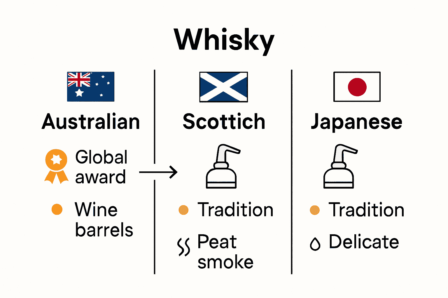 Infographic comparing Australian, Scottish, and Japanese whisky production methods and flavors.