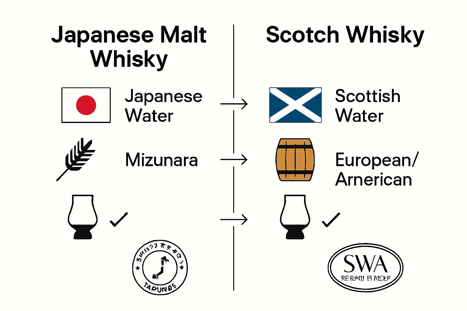 Side-by-side infographic comparing Japanese and Scotch malt whisky.