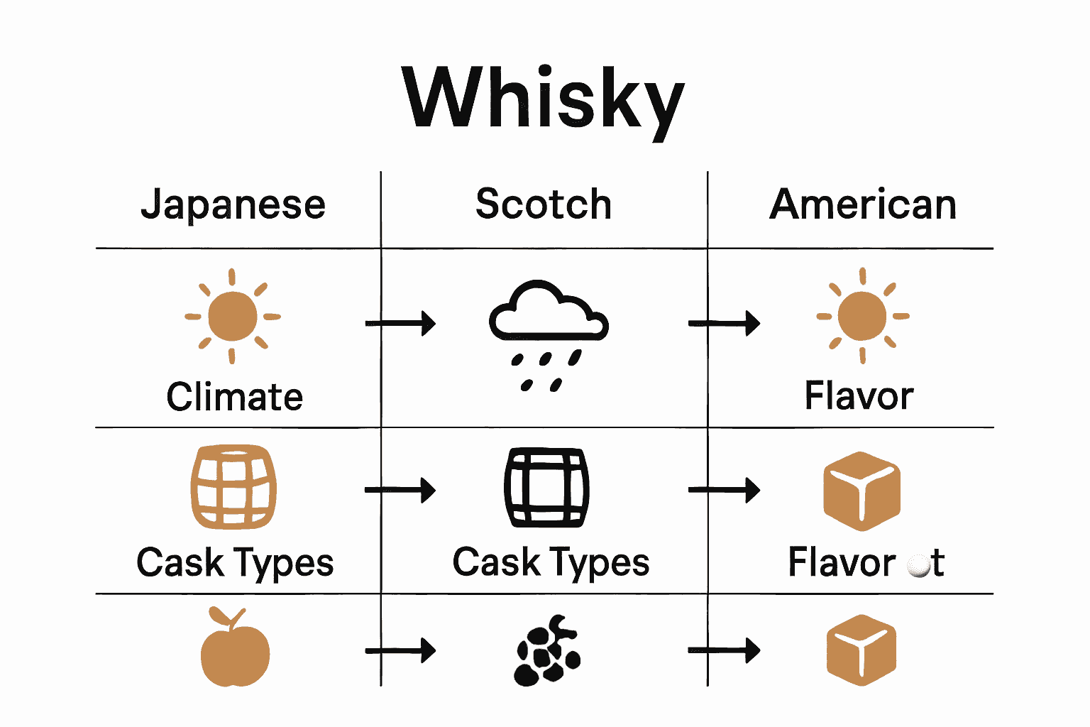 Infographic comparing Japanese, Scotch, and American whisky features visually.