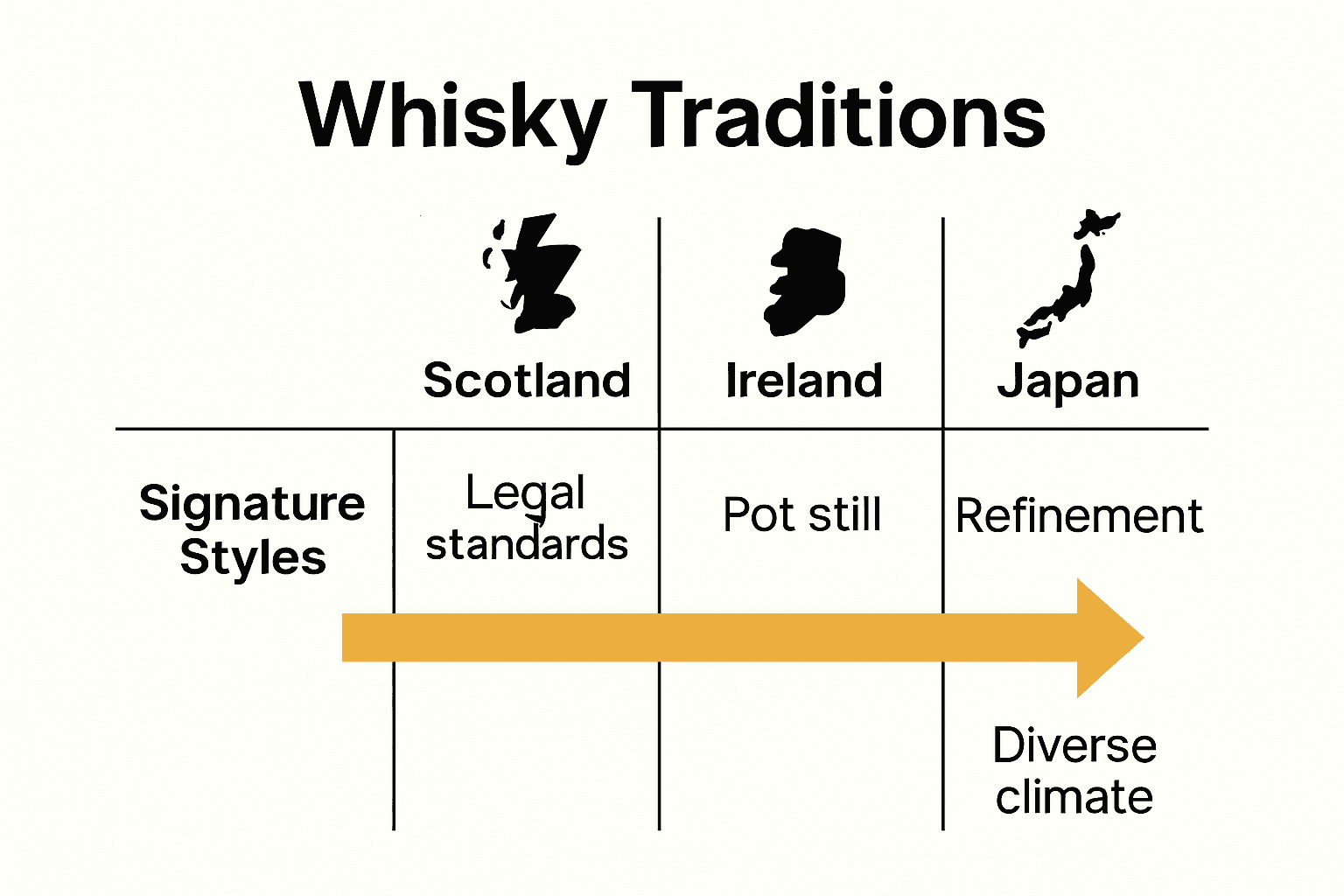 Infographic comparing global whisky traditions by region and style.