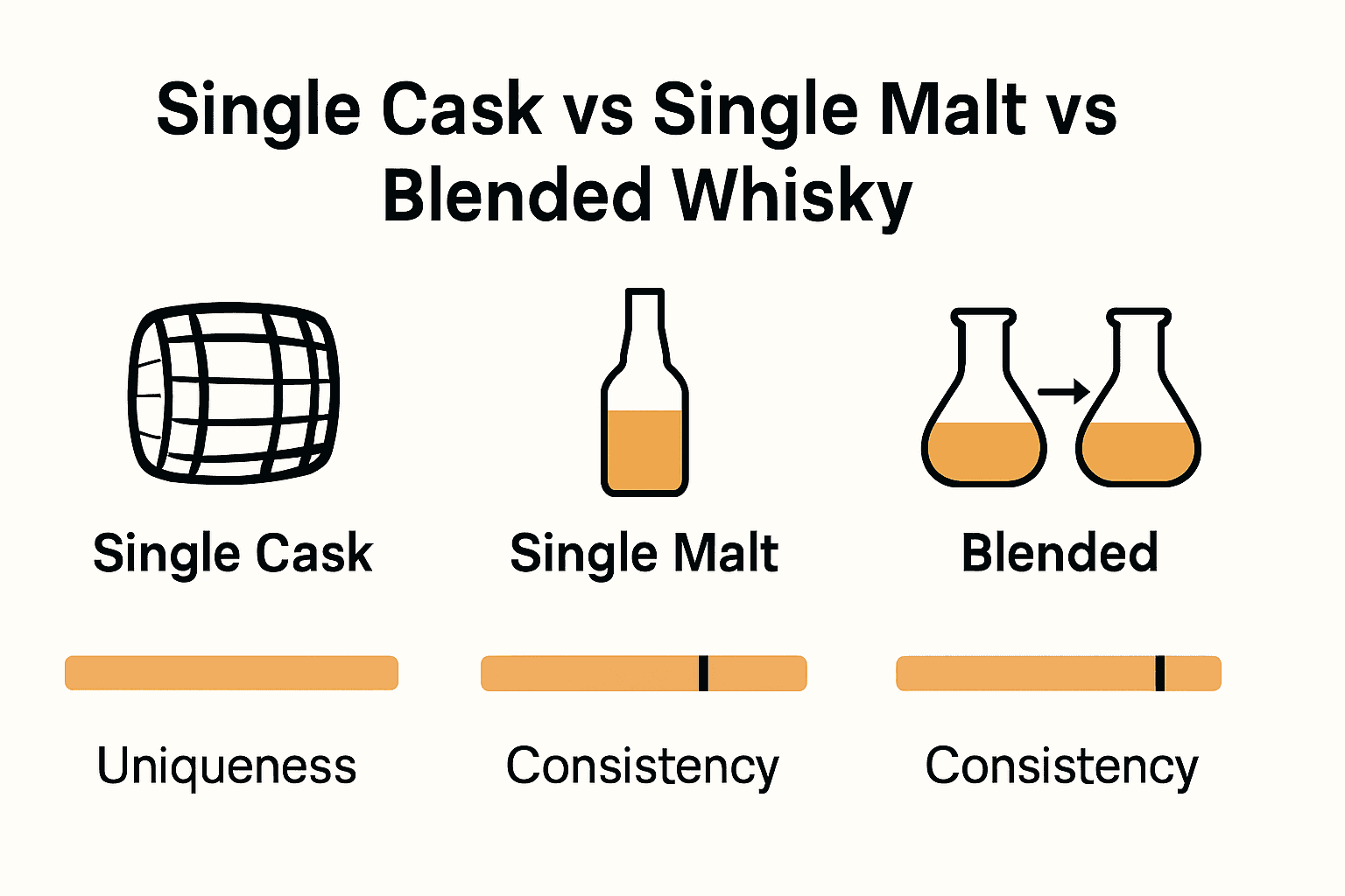 Infographic comparing single cask, single malt, and blended whisky types.