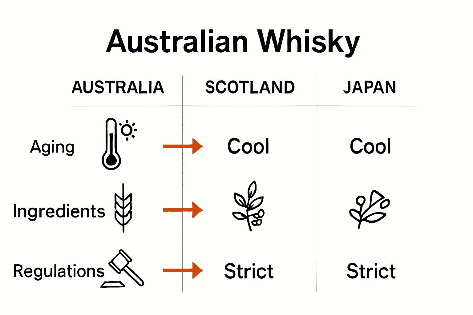 Infographic comparing Australian, Scottish, and Japanese whisky by methods, ingredients, and regulations.