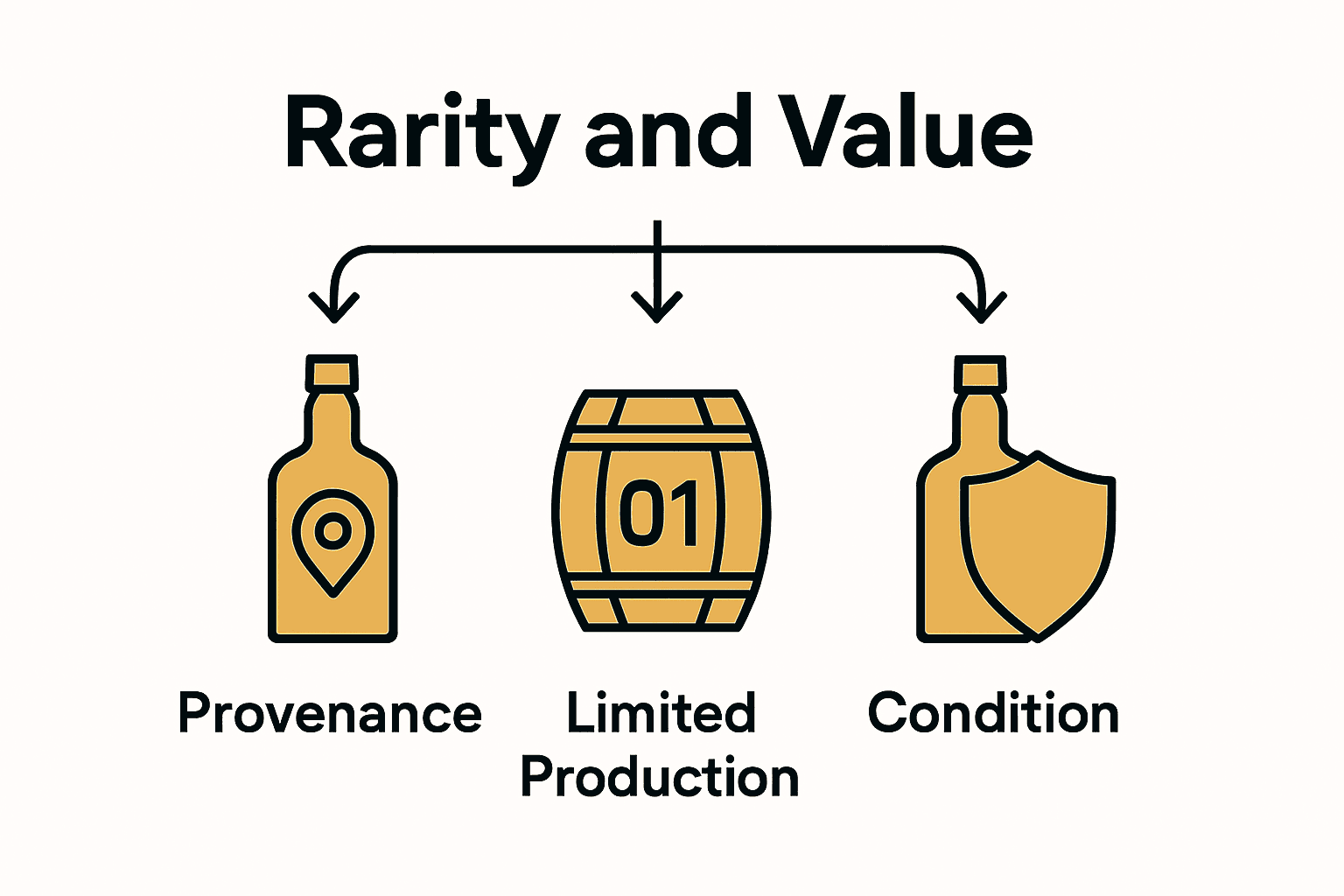 Infographic comparing provenance, limited production, and condition in rare whisky value.