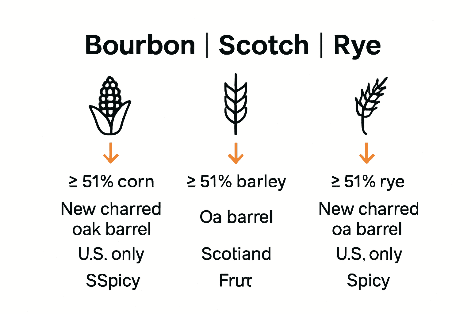 Infographic comparing bourbon, scotch, and rye whiskey key traits