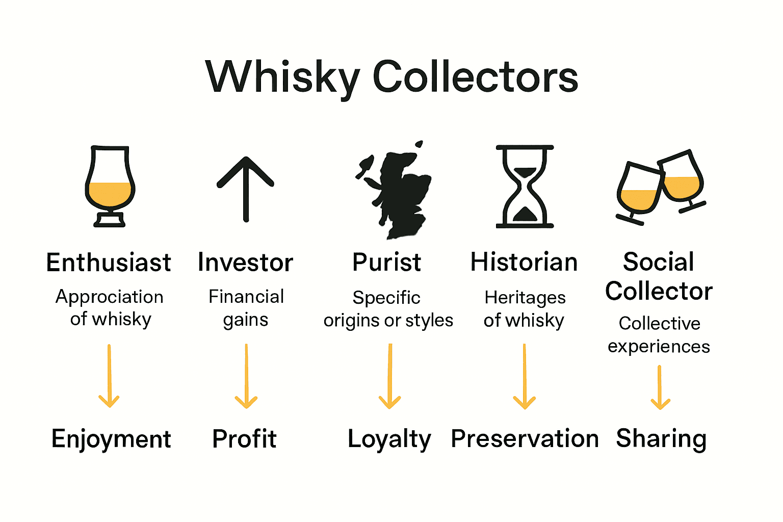 Infographic showing five types of whisky collectors and their motivations.