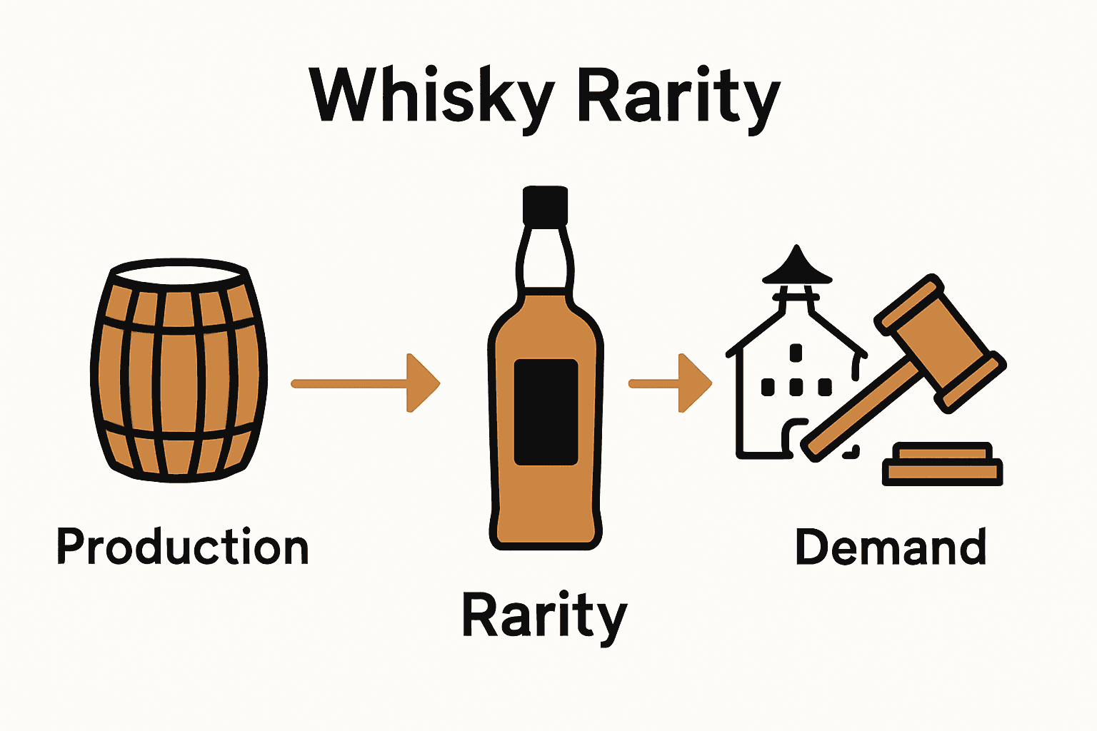 Infographic comparing production, history, and demand in whisky rarity