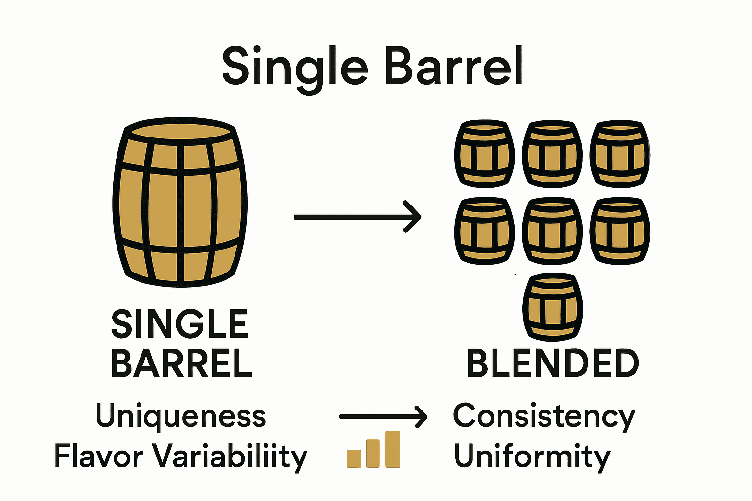 Infographic comparing single barrel and blended whisky characteristics