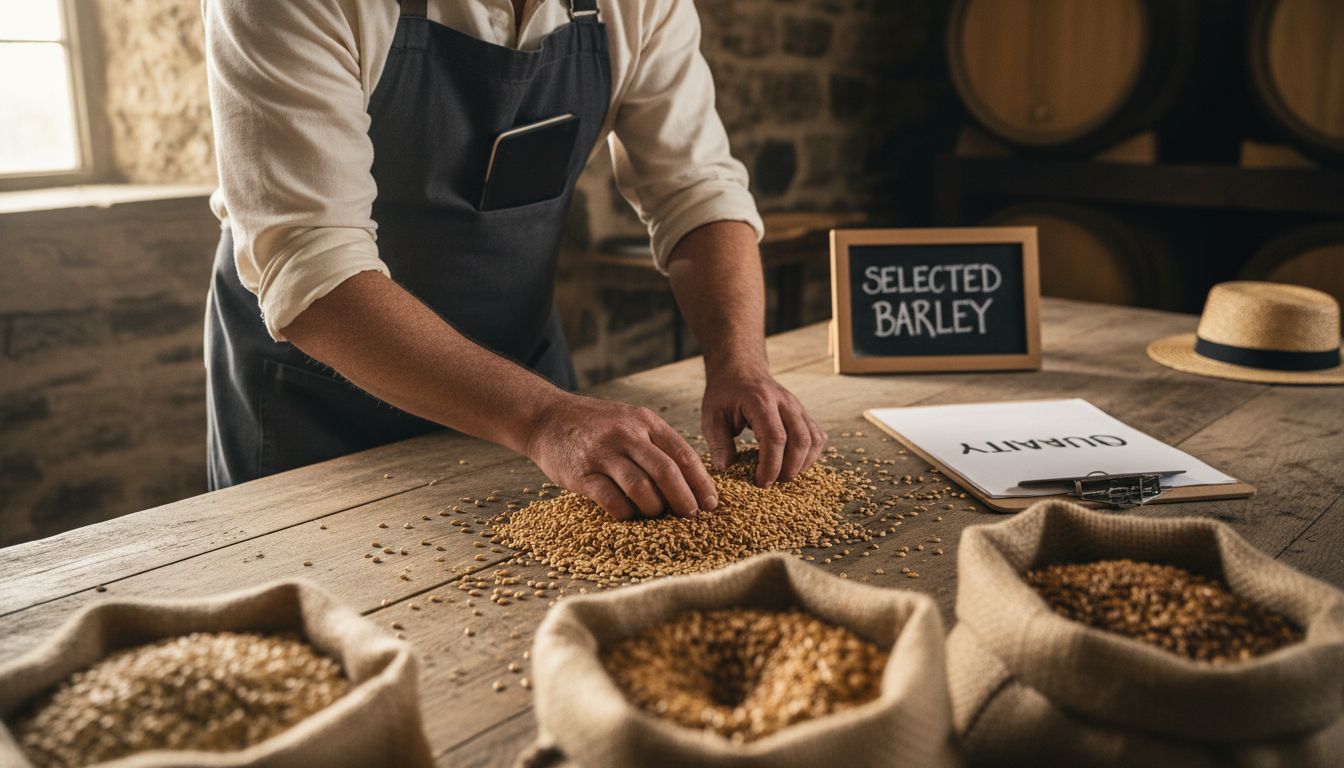 Barley grains inspected by whisky maker