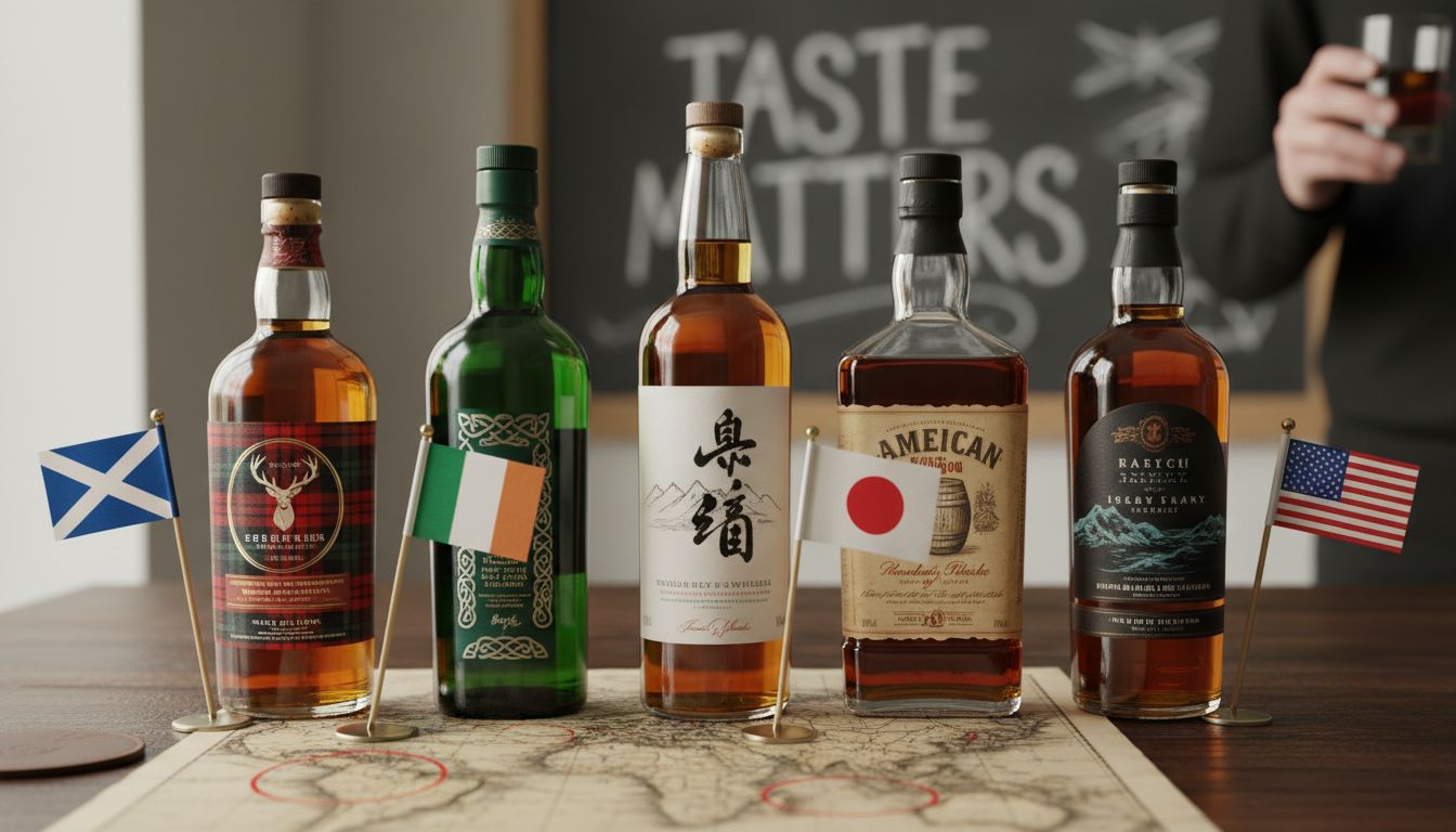 Whisky bottles from different regions on map