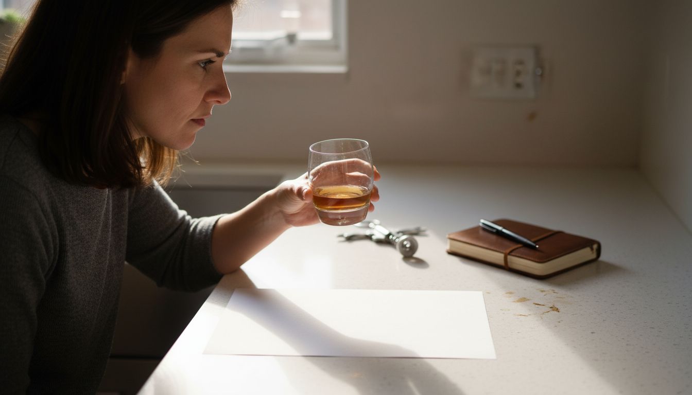 Woman checks whisky glass colour and clarity