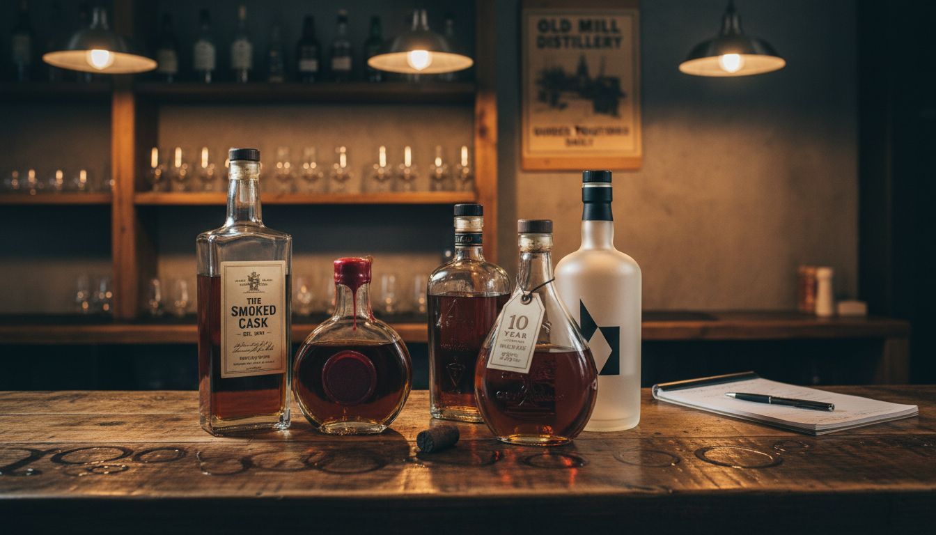 Assorted whisky bottle types on bar top
