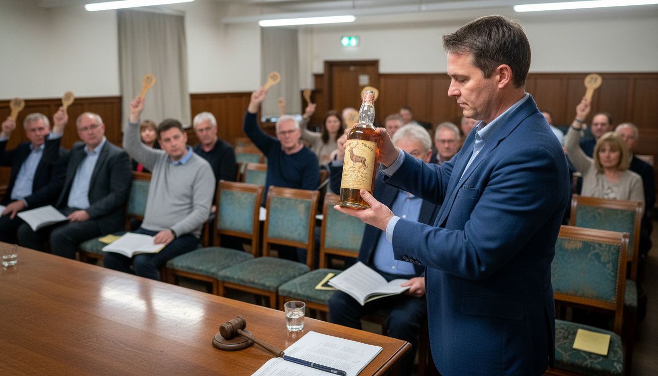 Auctioneer presenting rare whisky bottle to bidders