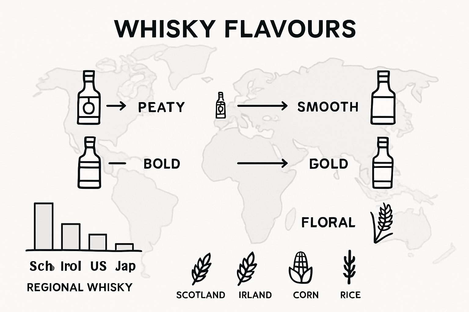 World map comparing major whisky regions