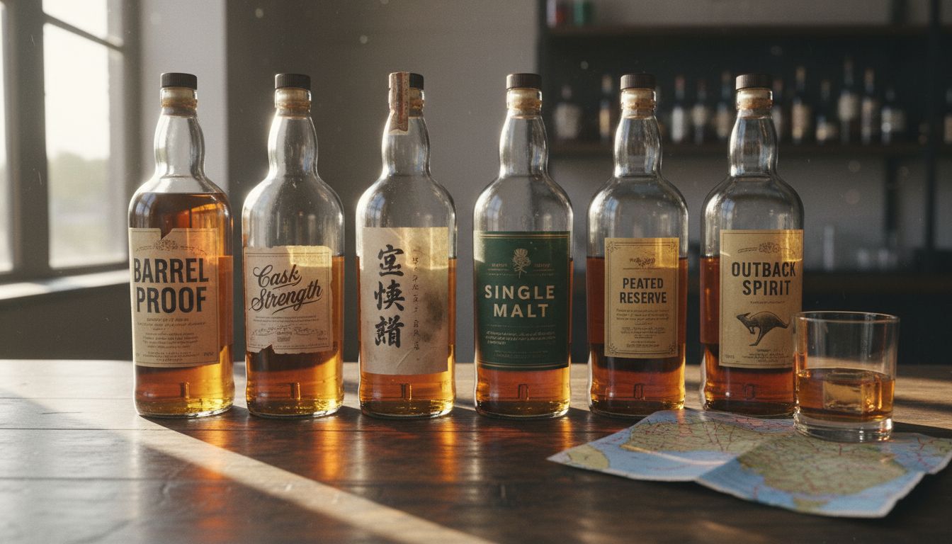 Whisky bottles with various international labels
