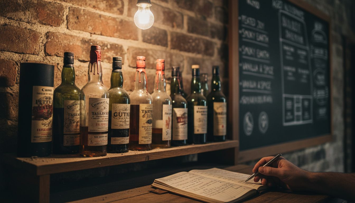 Rare whisky bottles on distillery shelf