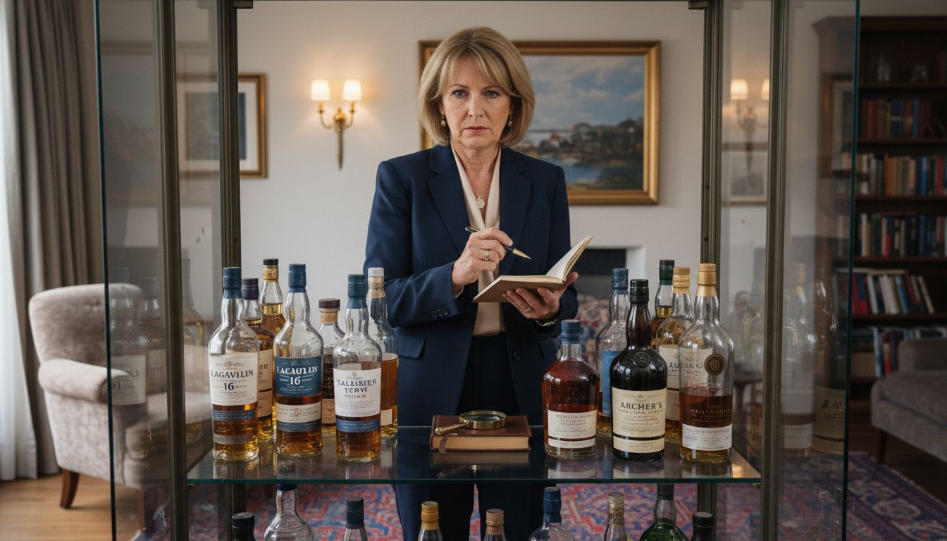Woman examining premium whisky bottle shelf