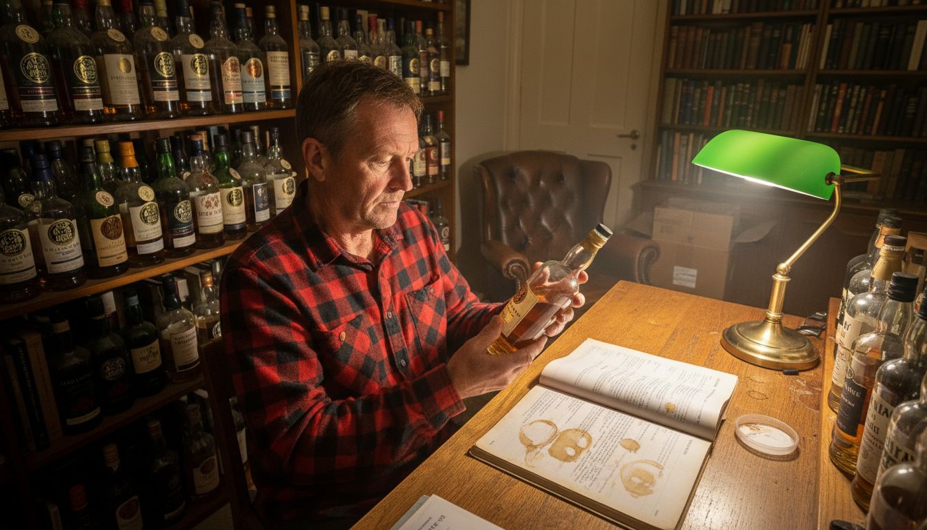 Whisky collector examining award bottles