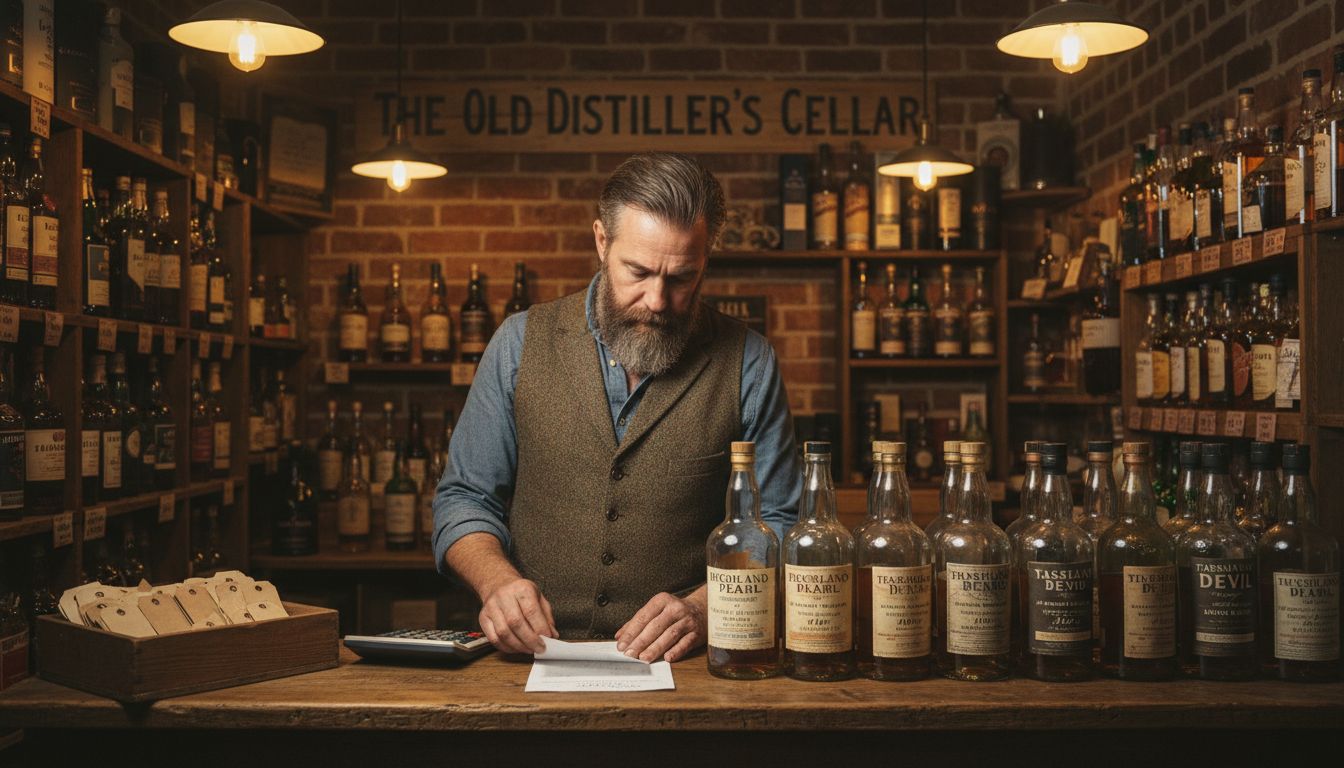 Dealer reviewing rare whisky inventory