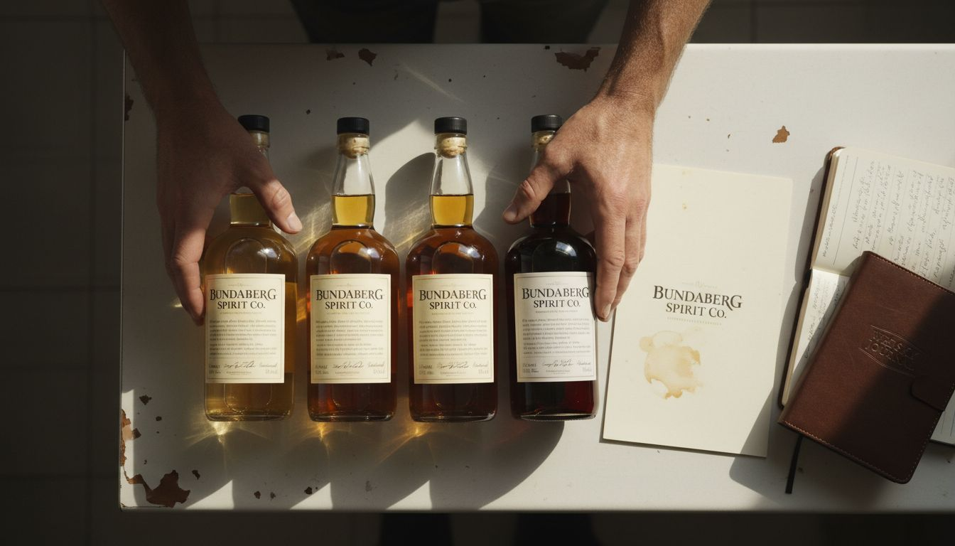 Hands arranging vertical whisky tasting pack