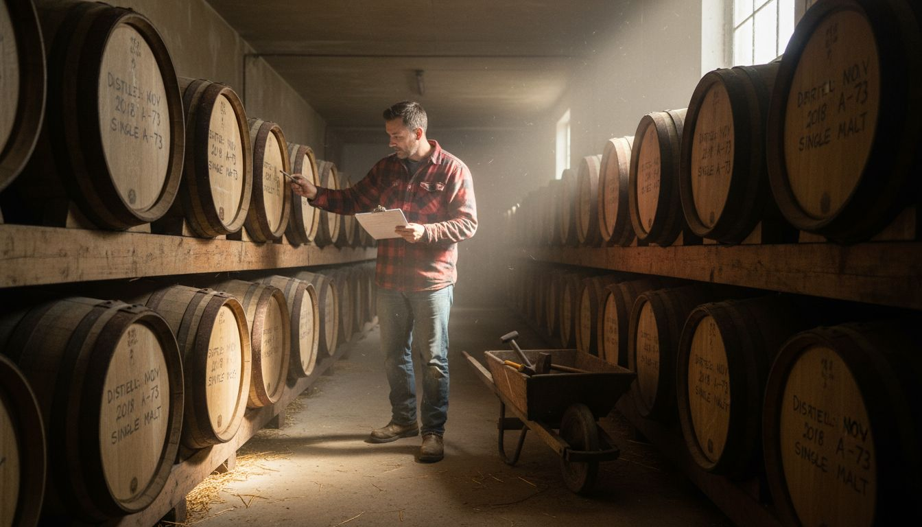 Distillery worker checking whisky aging barrels