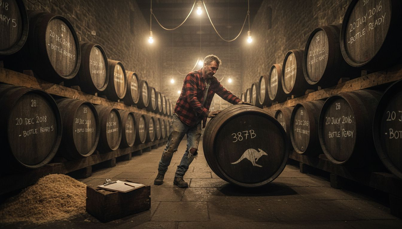 Worker moves whisky barrel through aging warehouse