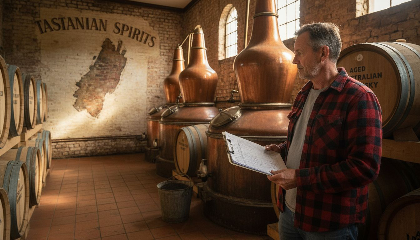 Distiller checking copper stills and oak casks