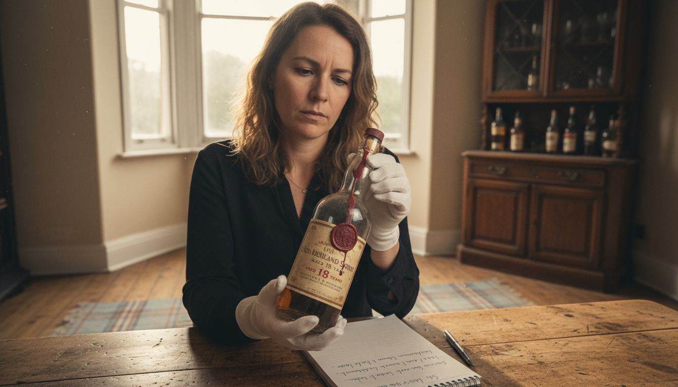 Woman inspecting rare whisky bottle