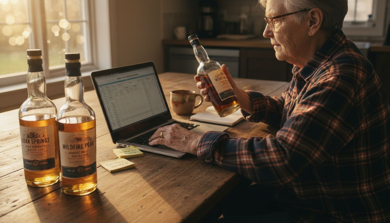 Person cataloging whisky bottles with spreadsheet