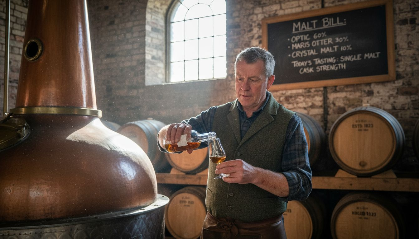 Guide pouring whisky in copper still room