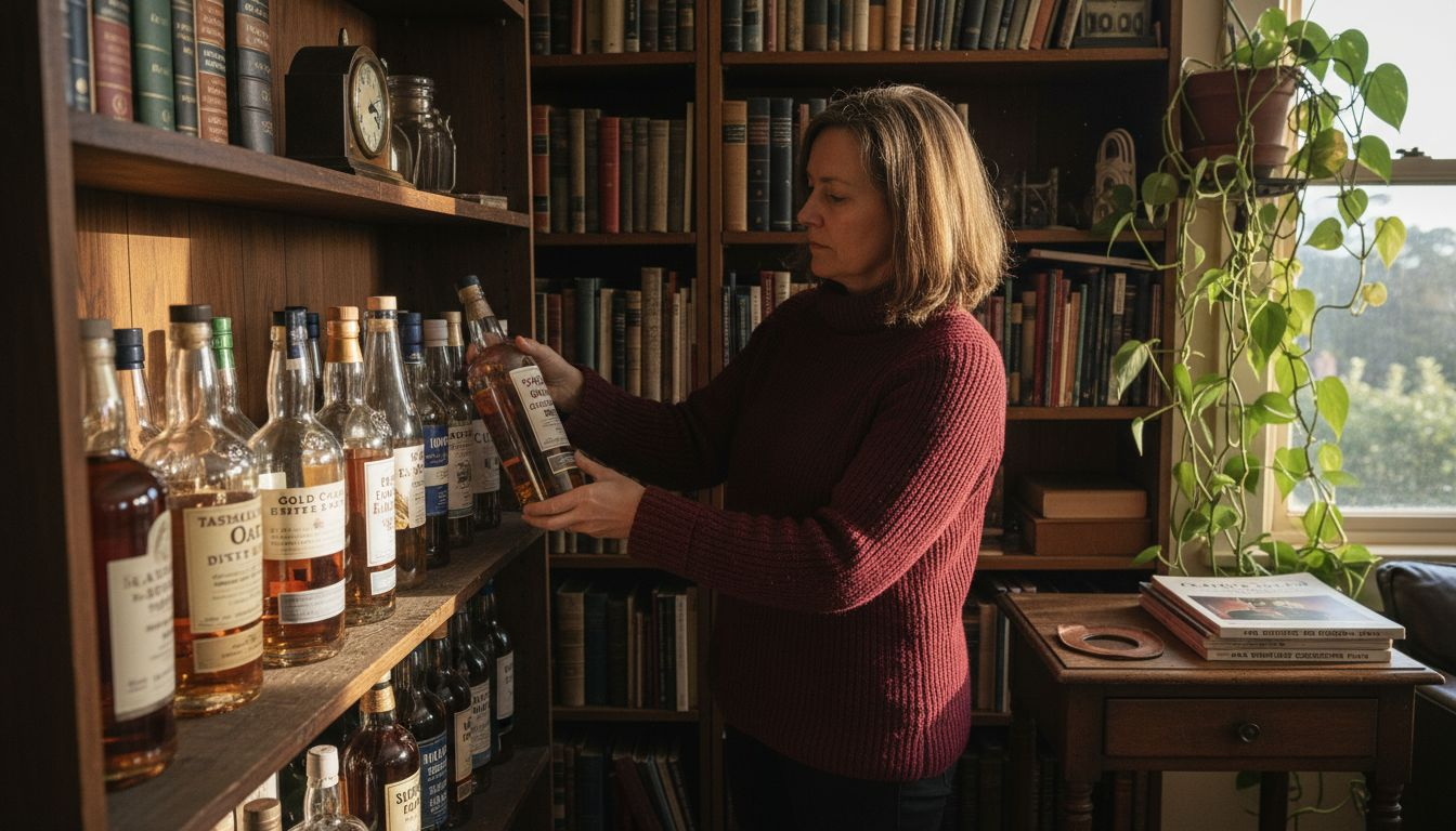 Whisky collector arranging bottles on shelf