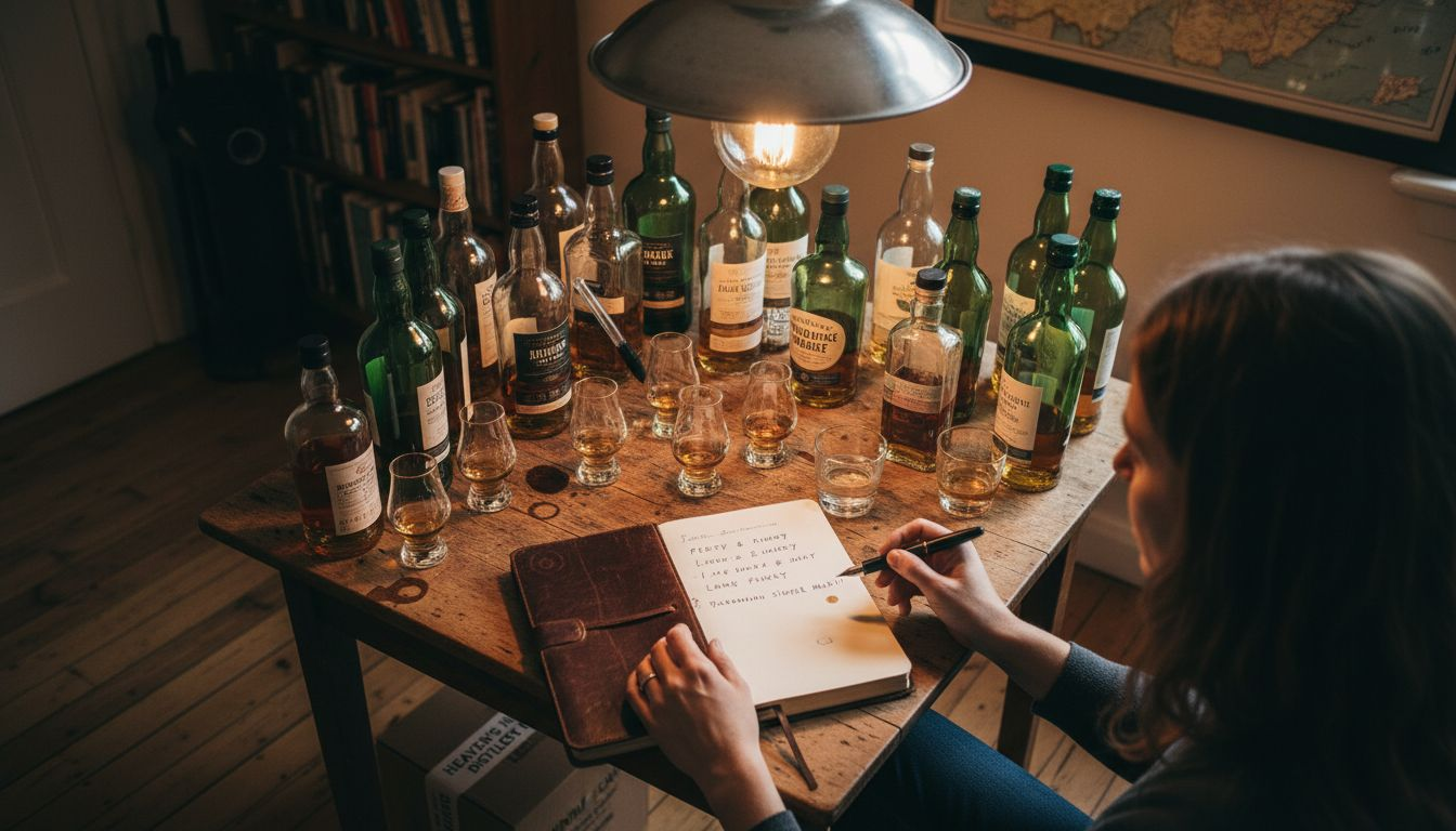Woman recording whisky tasting notes at table