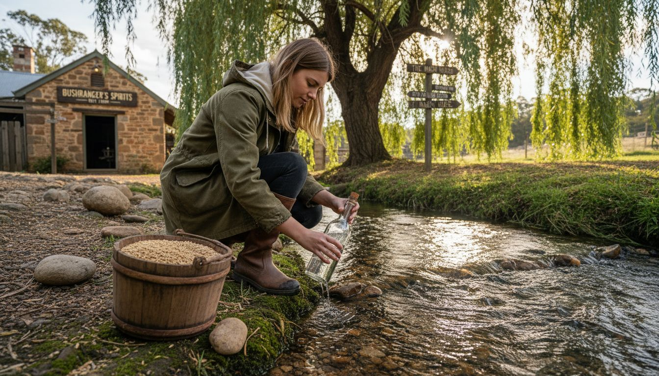 Collecting water beside rural distillery