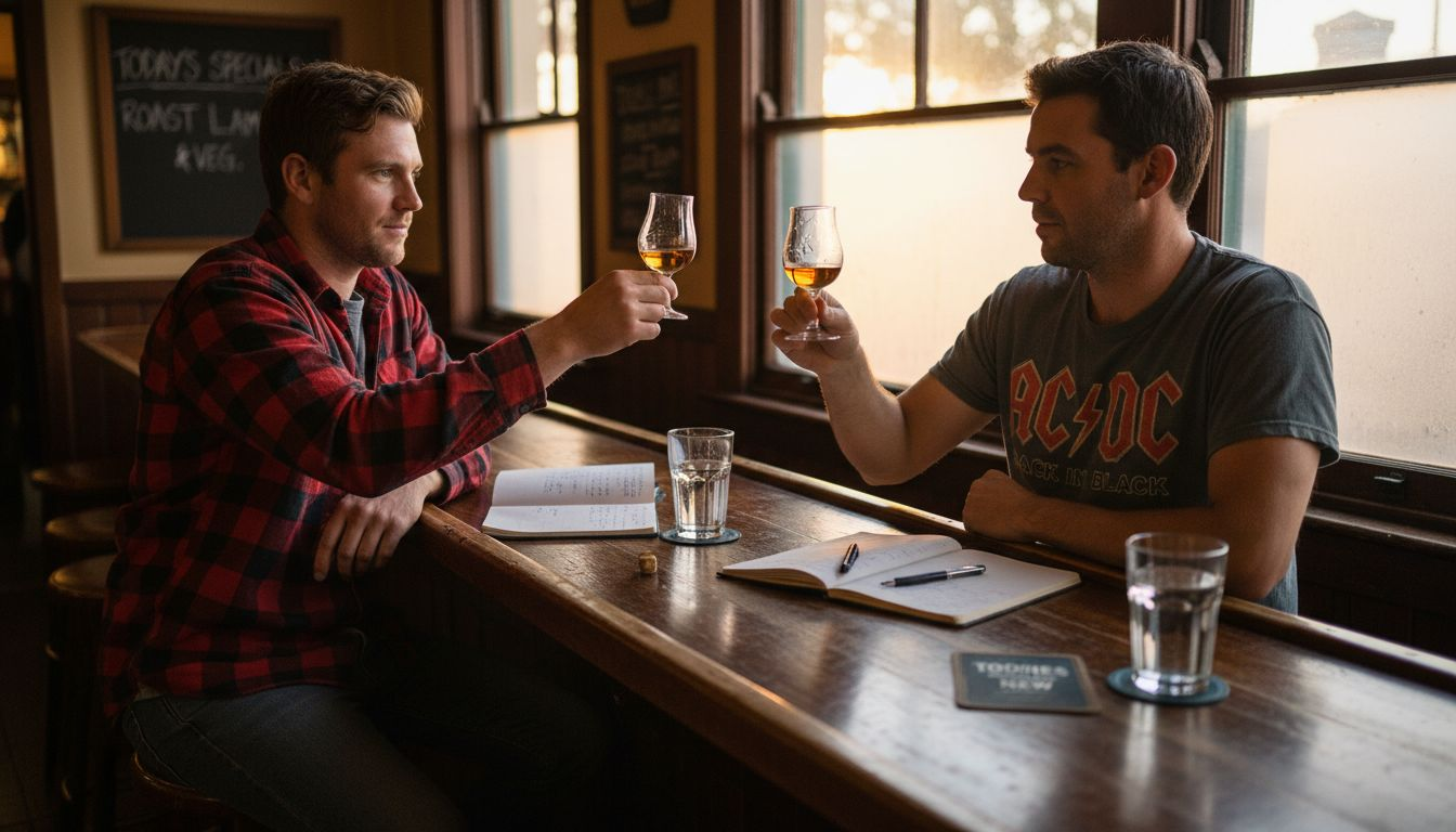 Friends compare glasses at whisky tasting