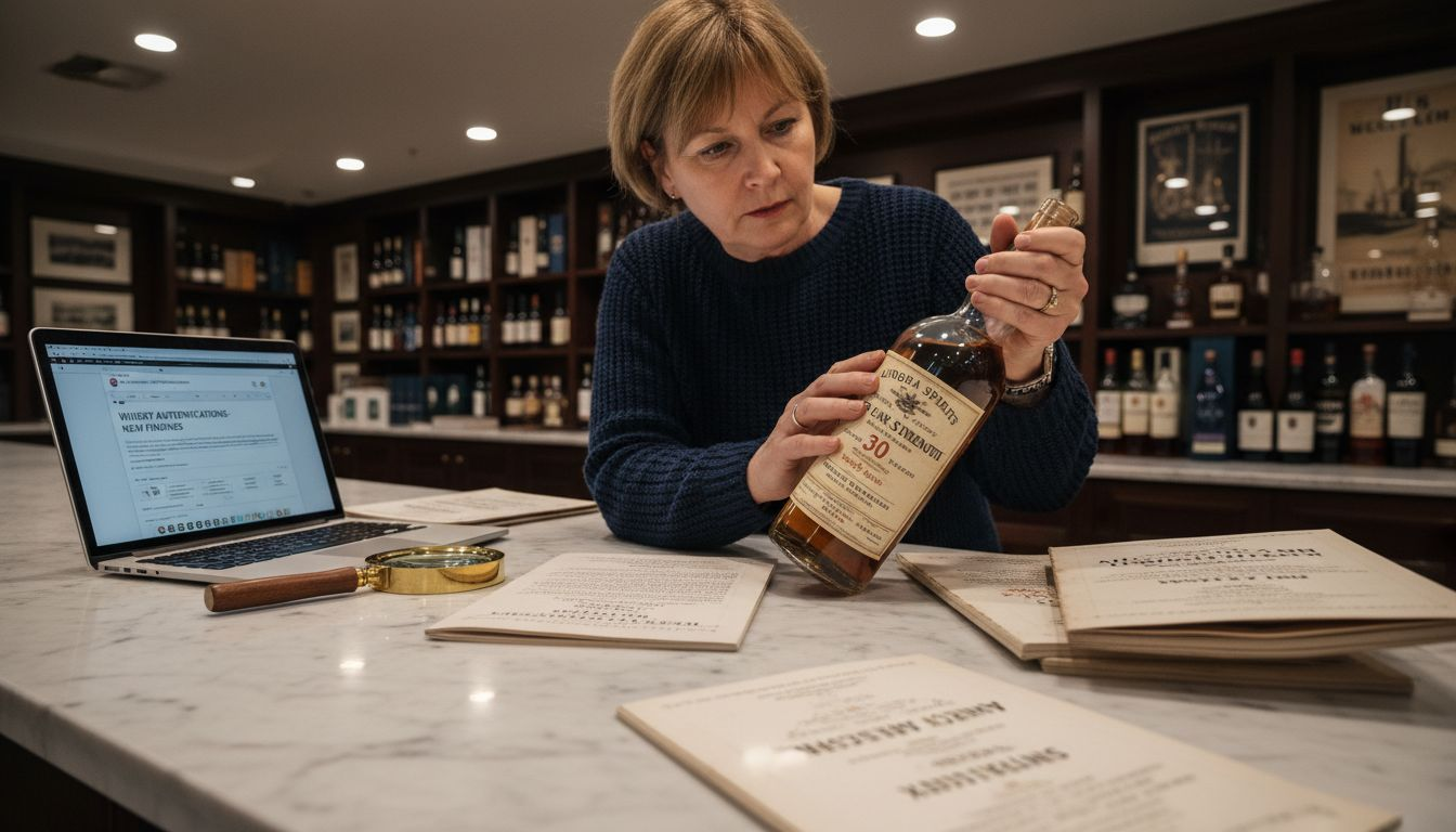 Woman authenticating rare whisky bottle auction