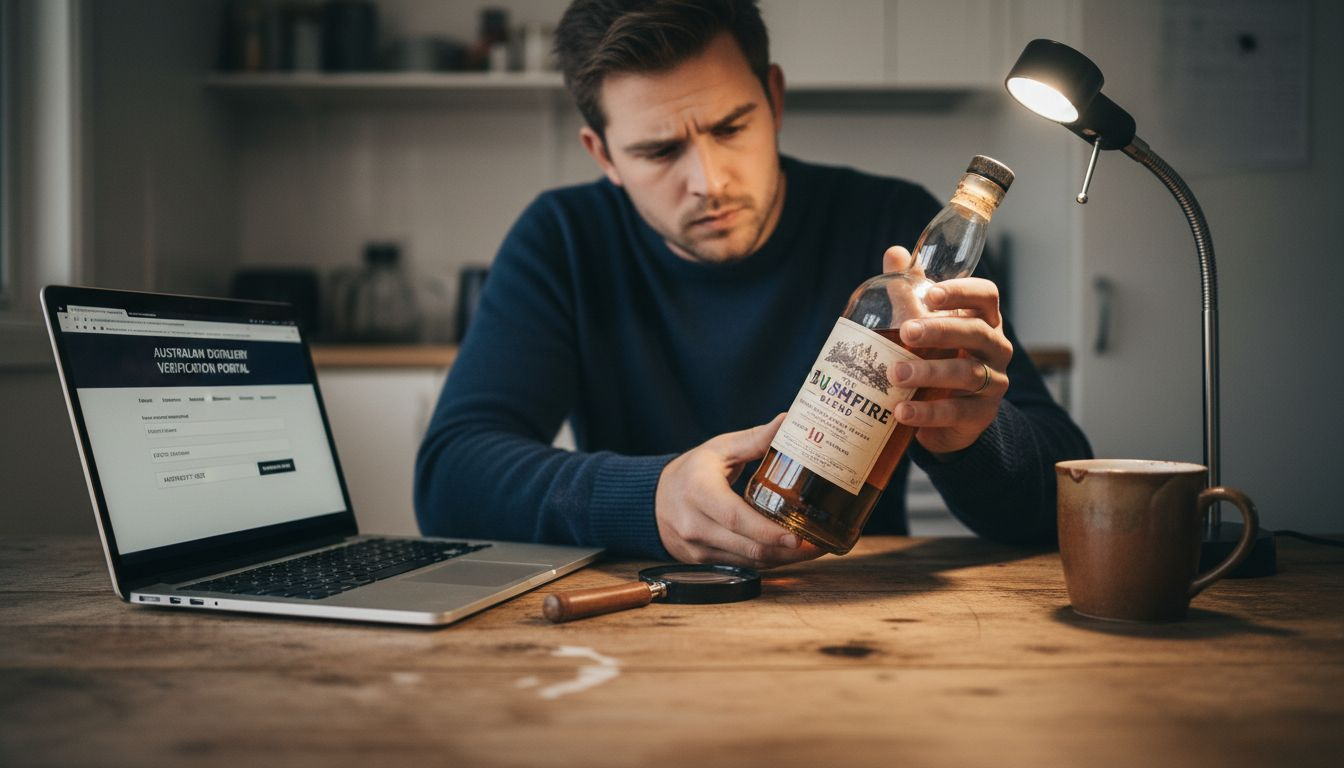 Careful whisky authenticity inspection at table