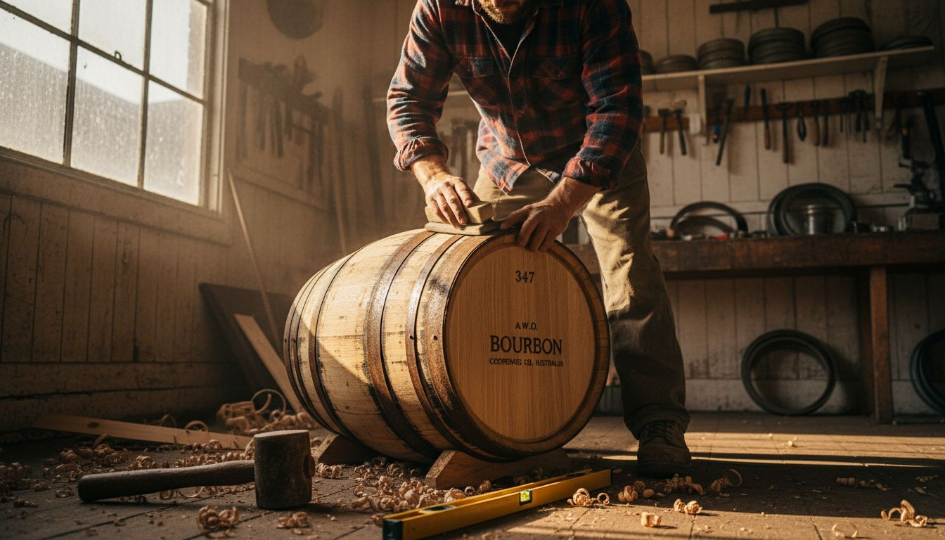 Craftsman preparing American oak whisky barrel