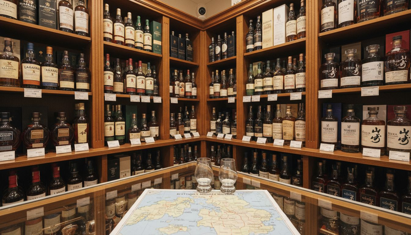 Whisky bottles from different countries on shop shelf