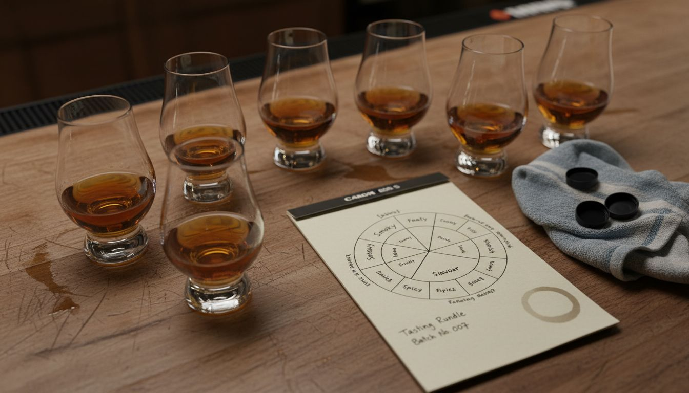 Whisky glasses and hand-drawn flavour wheel