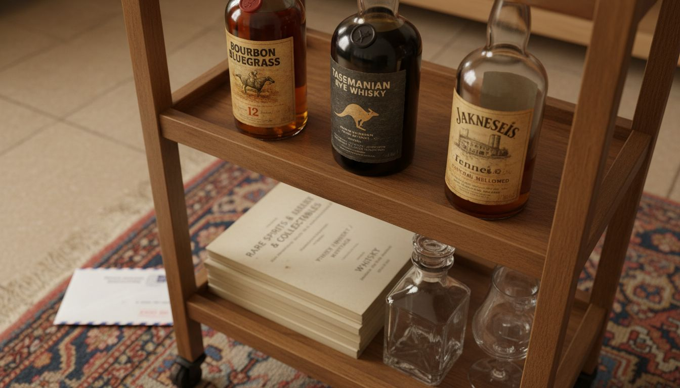 Rare bourbon and rye bottles on bar cart
