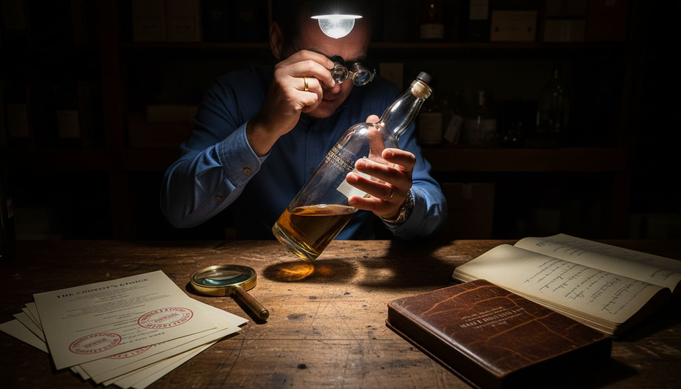 Inspecting whisky bottle authenticity at desk