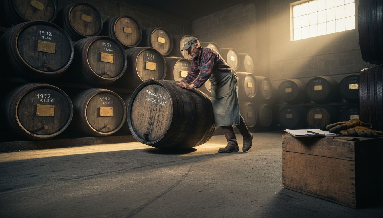 Worker moving whisky cask in distillery